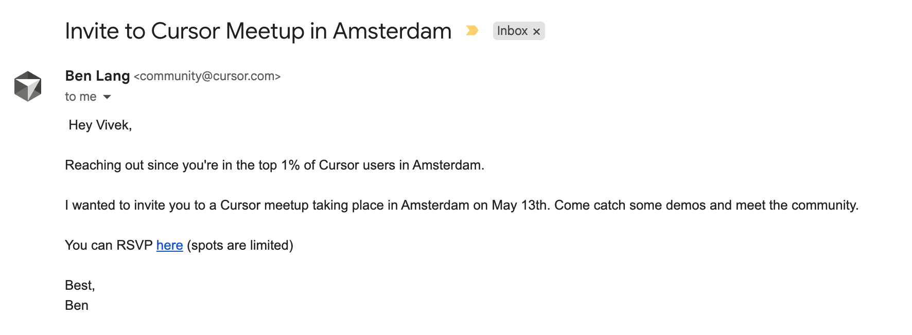 Invite to Cursor Meetup in Amsterdam